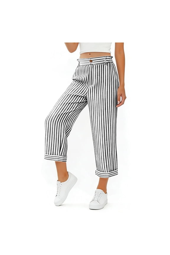 Women's Button Waist Striped Cuffed Loose Capri Pants, Breathable with Pockets for Summer Daily Casual Vacation Wear Black S