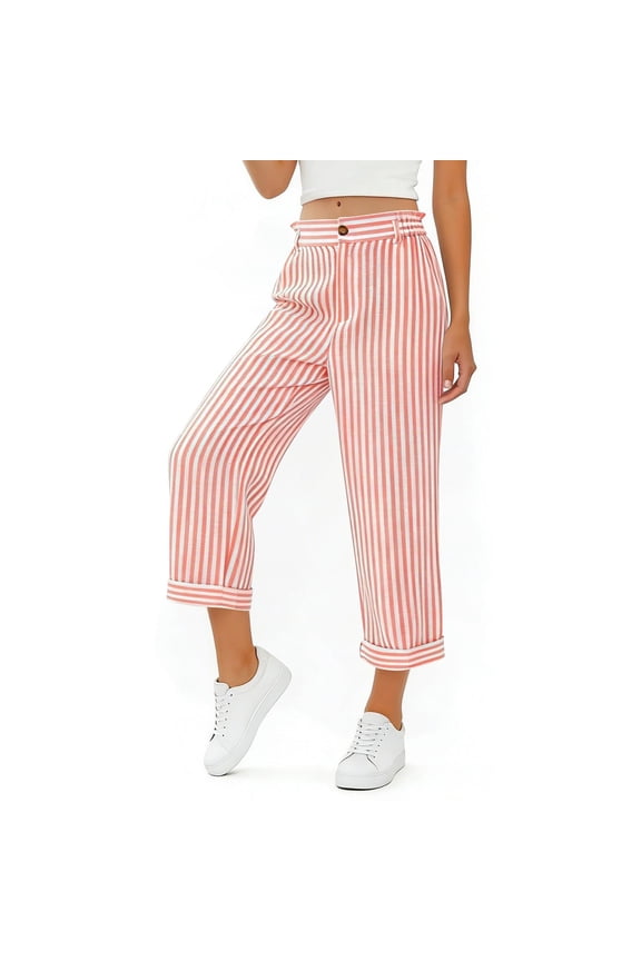 Women's Button Waist Striped Cuffed Loose Capri Pants, Breathable with Pockets for Summer Daily Casual Vacation Wear Pink L