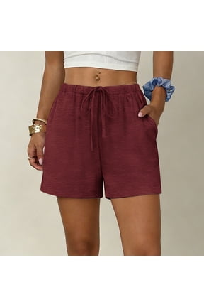 Women’s Casual Shorts, Elastic Drawstring Lightweight Comfy Soft Daily Summer Shorts with Convenient Side Pockets Red S