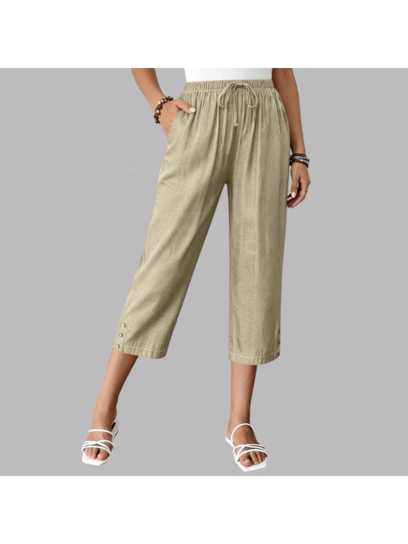 Women's Classic Cargo Capri Pants with Elastic Waist and Drawstring, Multi Pockets for Hiking, Travel and Work Beige S