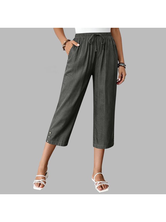 Women's Classic Cargo Capri Pants with Elastic Waist and Drawstring, Multi Pockets for Hiking, Travel and Work Gray S