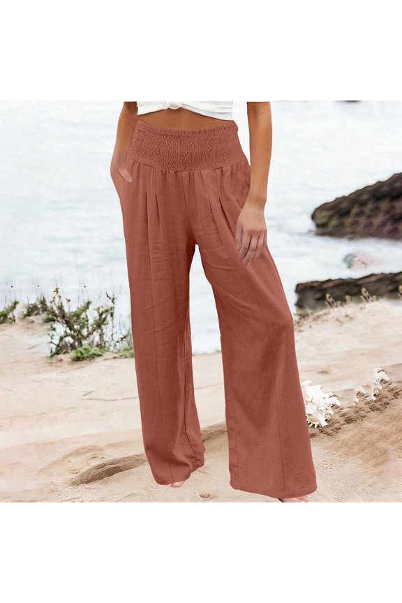 Women's Classic Cotton Linen Casual Pants with Elastic Waist and Pockets, Lightweight for Beach, Vacation and Daily Life Brown S