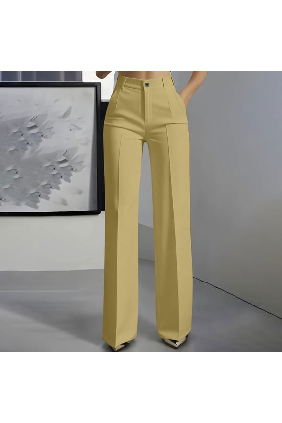 Women's Classic High Waist Wide Leg Suit Pants with Pockets, Drape Straight Leg for Elegant Business Office Work Wear Yellow XL