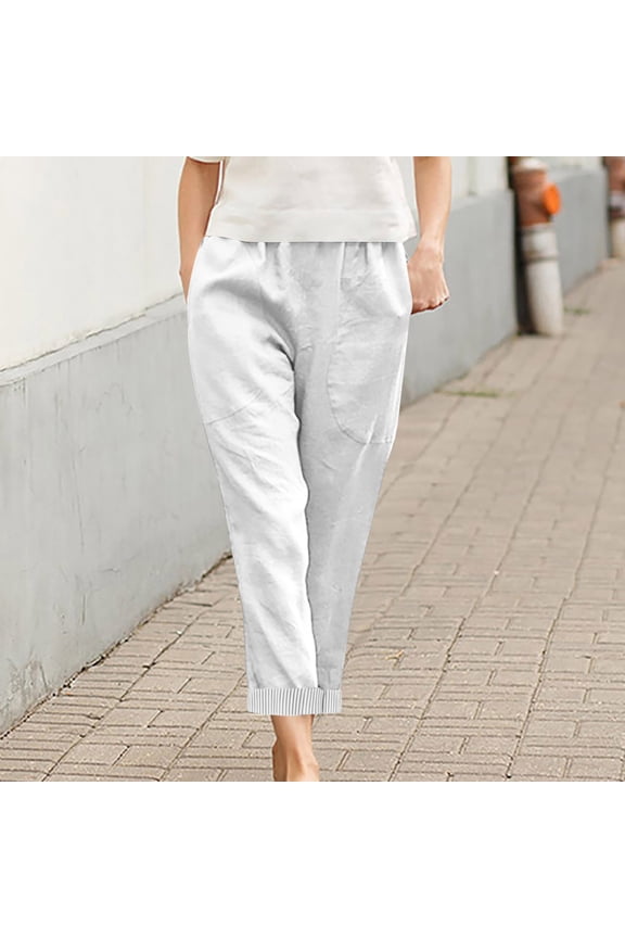 Women's Classic Wide Leg Linen Pants with Drawstring Waist and Pockets, Loose Fit for Vacation and Daily Commute White XXL