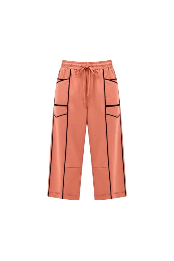 Women's Contrast Stitch Cropped Cargo Pants, Drawstring Waist 3D Side Pockets, Sturdy Weave for Backyard Garden Tea Parties in Summer Orange M
