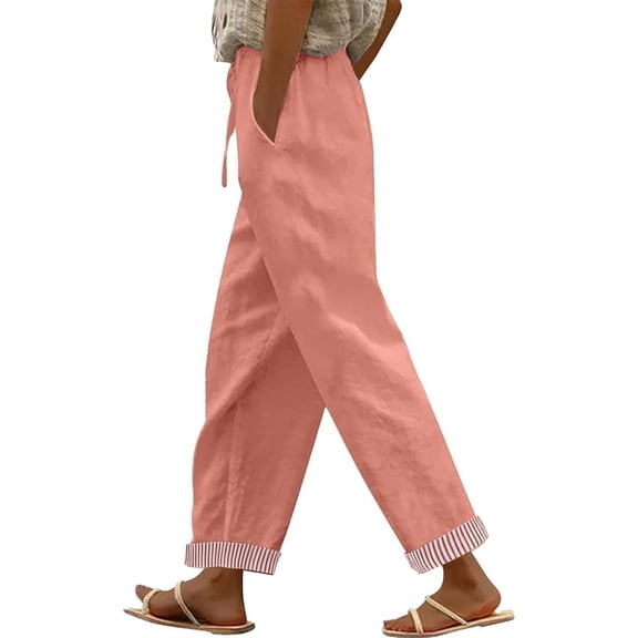 PWPSG Women's Contrast Trim Cotton Linen Jogger Pants, Drawstring Waist for Daily Commute