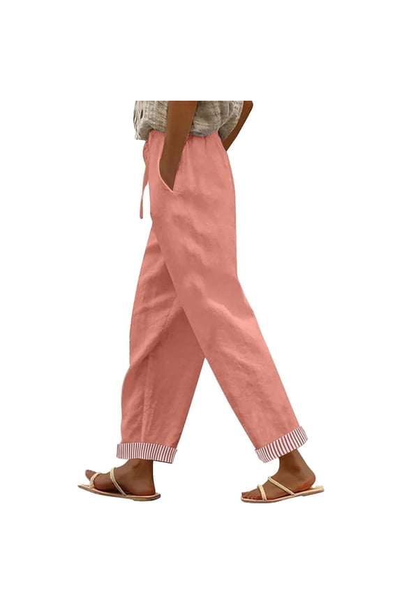 Women's Contrast Trim Cotton Linen Jogger Pants, Drawstring Waist for Daily Commute
