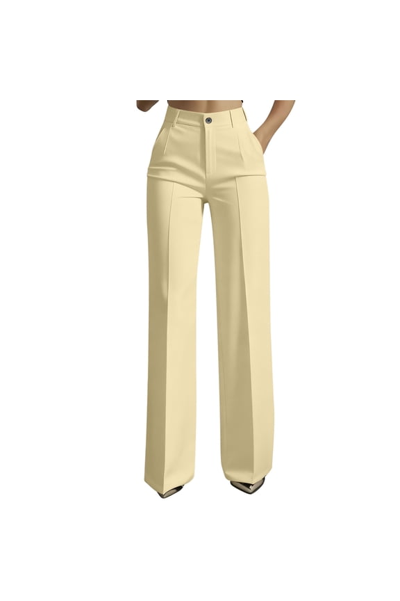 Women’s Cream Pleated Wide-Leg Dress Pants, Single-Button High-Rise Waist & Wrinkle-Resist Suiting Cut for Downtown Office Commute Runs Yellow S