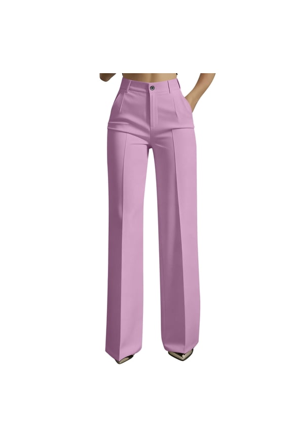 Women’s Cream Pleated Wide-Leg Dress Pants, Single-Button High-Rise Waist & Wrinkle-Resist Suiting Cut for Downtown Office Commute Runs Pink S