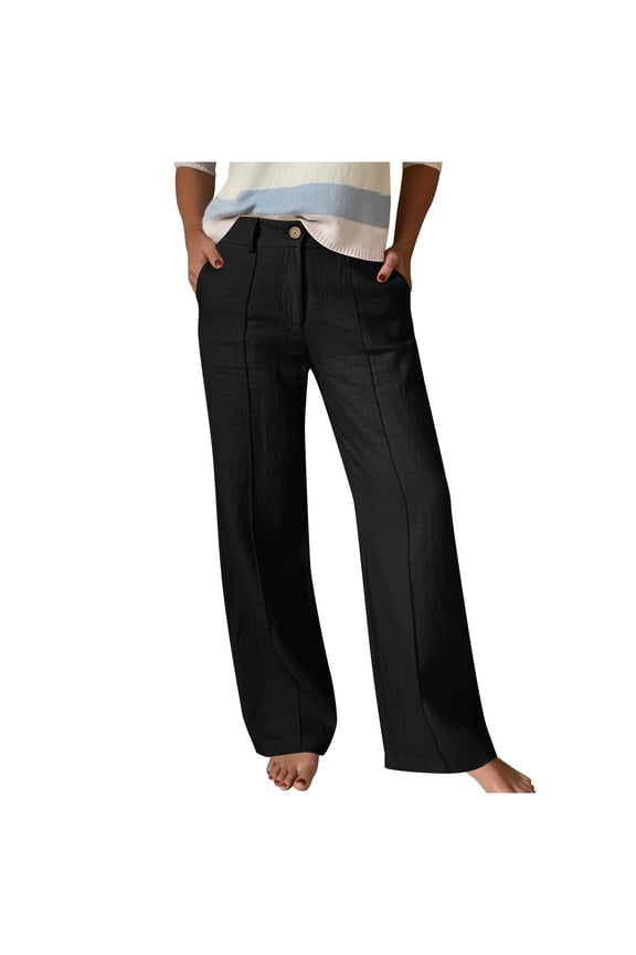 Women's Cropped Elastic High Waisted Wide Leg Linen Pants Business Casual Comfy Work Dress Pants with Pockets Black L