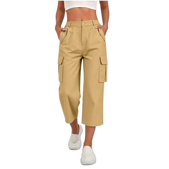 PWPSG Women’s Cropped Multi-Pocket Cargo Pants, Single-Button Waist & Side Slit Detail for Leisure Downtown Casual Roams Yellow XL