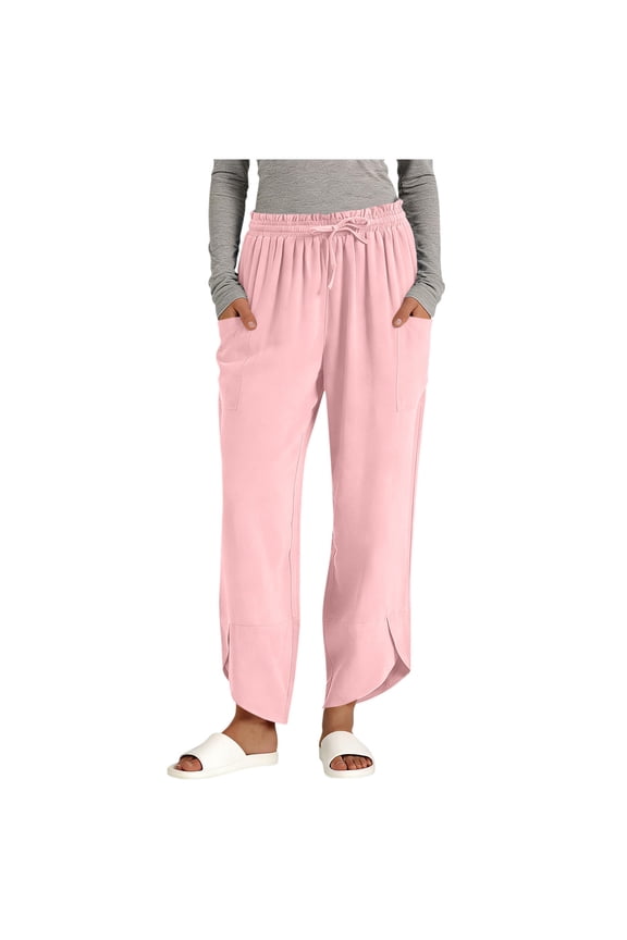 Women's Cropped Wide Leg Pants, Ruffled Drawstring Waist, Oversized Side Pockets with Irregular Natural Hem for Travel Friendly Trips in Fall Winter Pink XXL