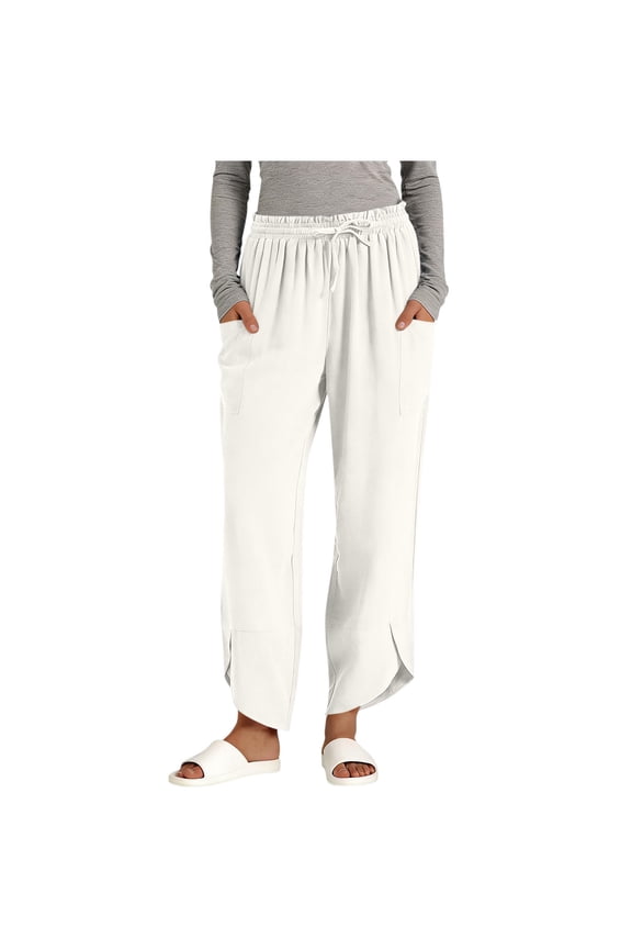Women's Cropped Wide Leg Pants, Ruffled Drawstring Waist, Oversized Side Pockets with Irregular Natural Hem for Travel Friendly Trips in Fall Winter White S