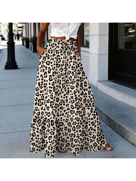 Women’s Drawstring Tiered Maxi Skirt, Classic Leopard All Over Print Soft Textured Material, Relaxed Silhouette for Neighborhood Gatherings Yellow XL