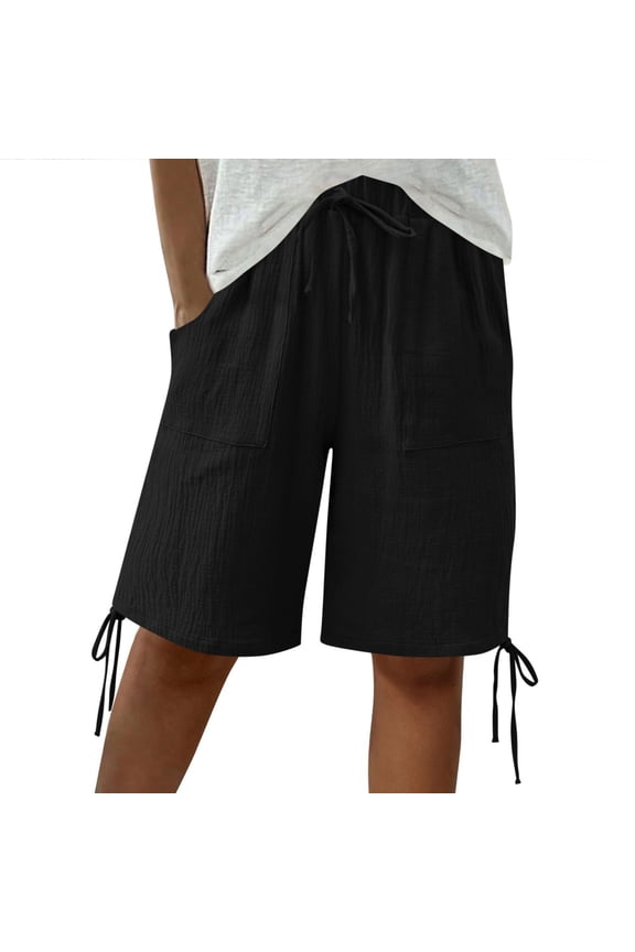 Women's Drawstring Waist Big Pocket Side Tie Loose Casual Shorts, Breathable with Pockets for Summer Daily Home Commute Wear Black S