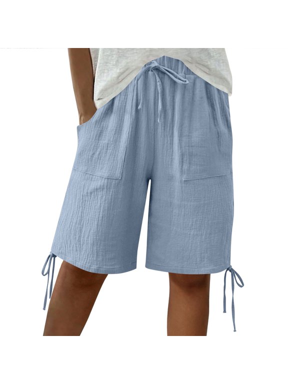 Women's Drawstring Waist Big Pocket Side Tie Loose Casual Shorts, Breathable with Pockets for Summer Daily Home Commute Wear Blue S