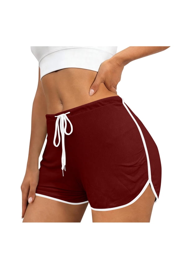 Women's Drawstring Waist Contrast Trim Athletic Shorts, Breathable with Pockets for Running Workout Daily Wear Red L