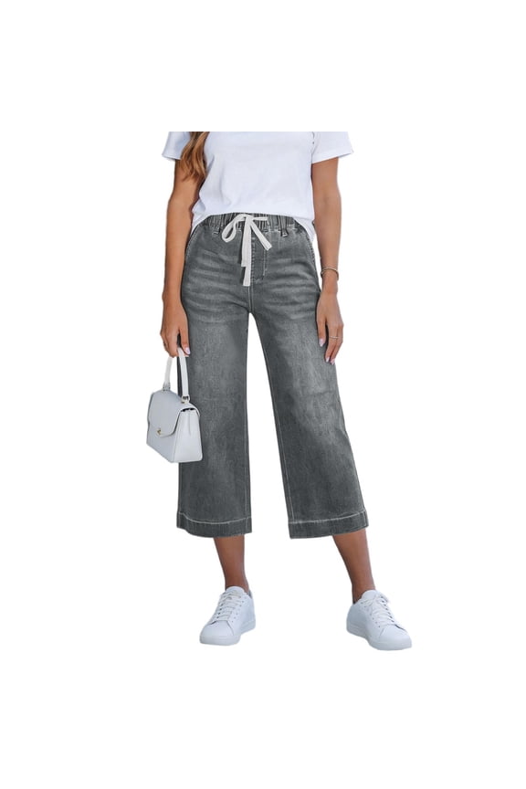 Women's Drawstring Waist High Rise Loose Wide Leg Denim Capri Pants, Breathable with Pockets for Daily Commute Casual Wear Gray XL