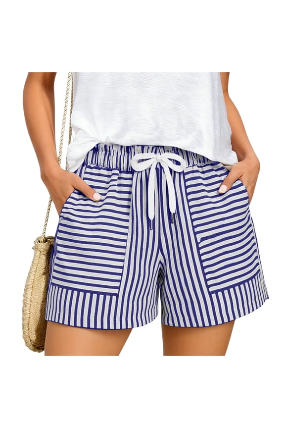Women's Drawstring Waist Patchwork Design Shorts, Unique Stylish Straight Leg Daily Shorts Blue S