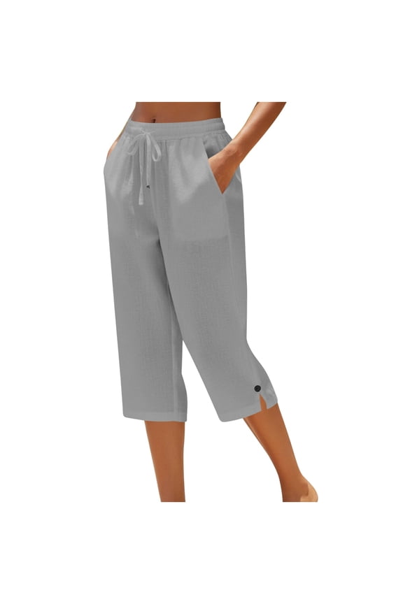Women's Drawstring Waist Side Slit Button Decor Loose Capri Pants, Breathable for Daily Casual Commute Wear Gray XXXXL