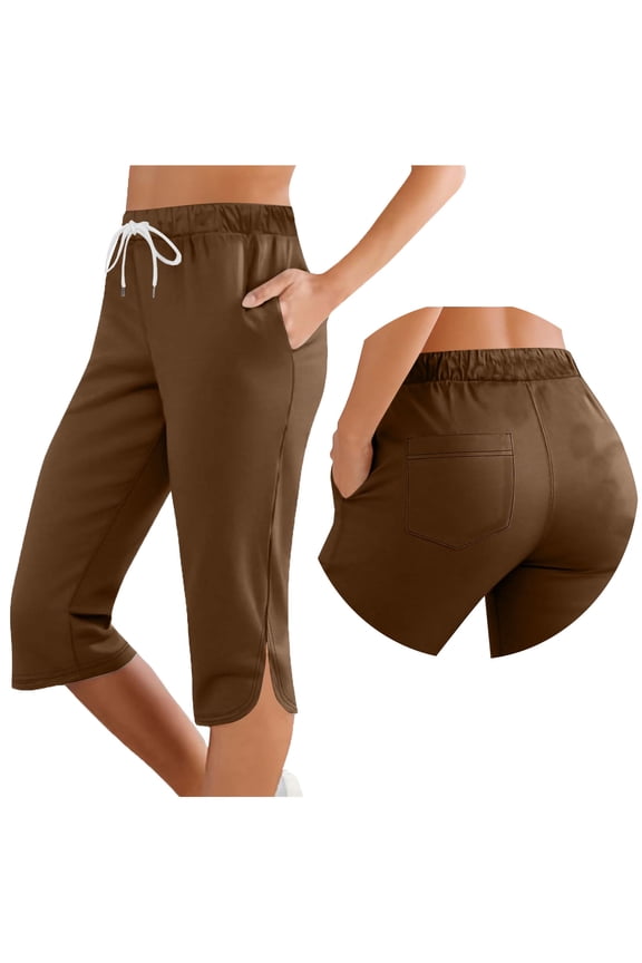 Women's Drawstring Waist Side Split Back Pocket Casual Capri Pants, Breathable with Pockets, Multi Colors for Daily Commute Wear Brown M