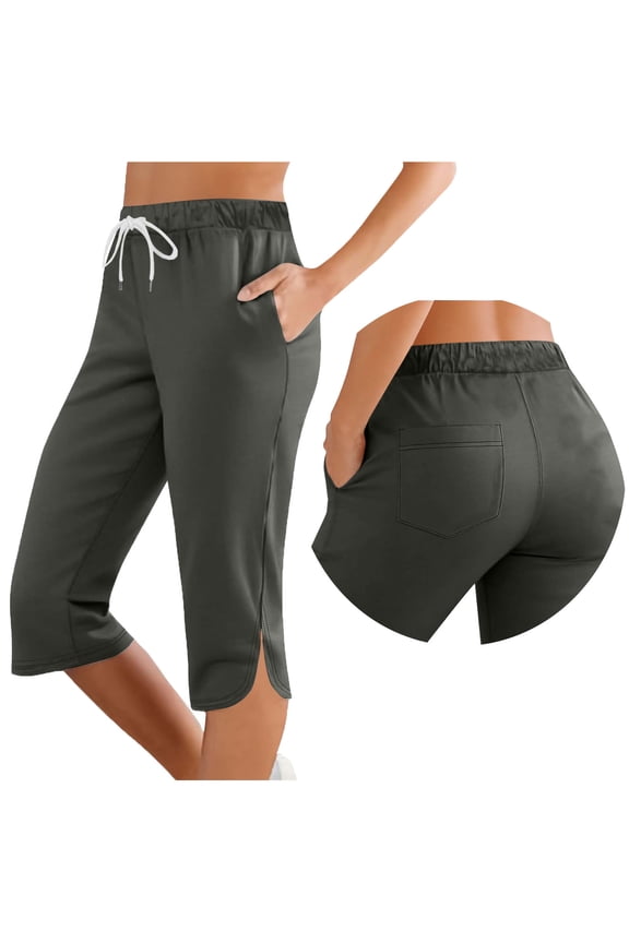 Women's Drawstring Waist Side Split Back Pocket Casual Capri Pants, Breathable with Pockets, Multi Colors for Daily Commute Wear Gray S