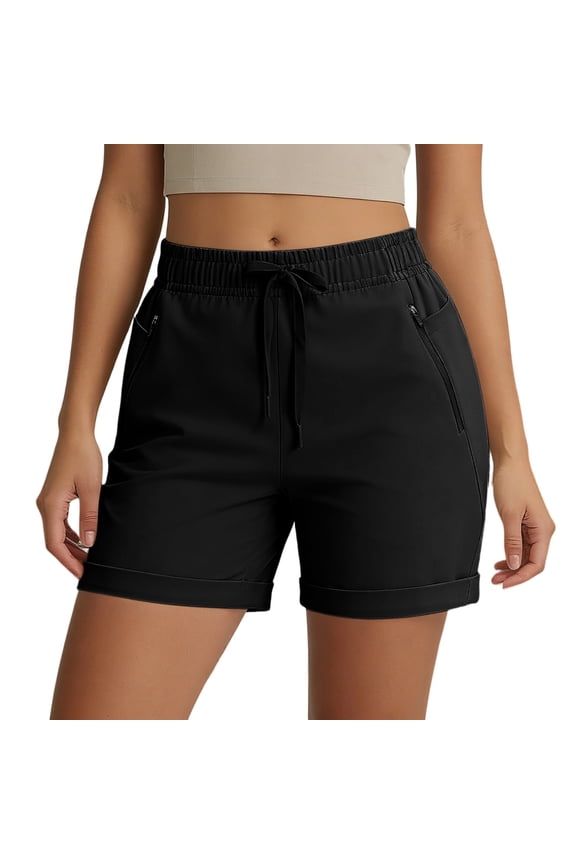 Women's Drawstring Waist Zipper Pocket Rolled Cuff Quick Dry Shorts, Breathable with Pockets for Daily Commute Workout Wear Black M