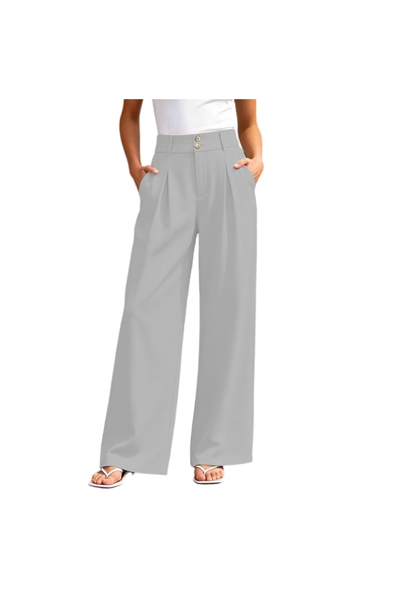 Women’s Dual-Button Pleated Wide-Leg Casual Dress Pants, Loose Drape Build for Large Outdoor Feast Gathering Occasions Gray S