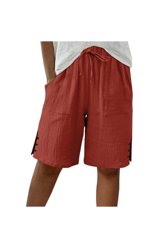 Women’s Dusty-Pink Side-Button Beach Shorts, DUnrefinedstring Waist & Thin Washed-Crinkle Cut for Tropical Island Leisure Vacations Red S