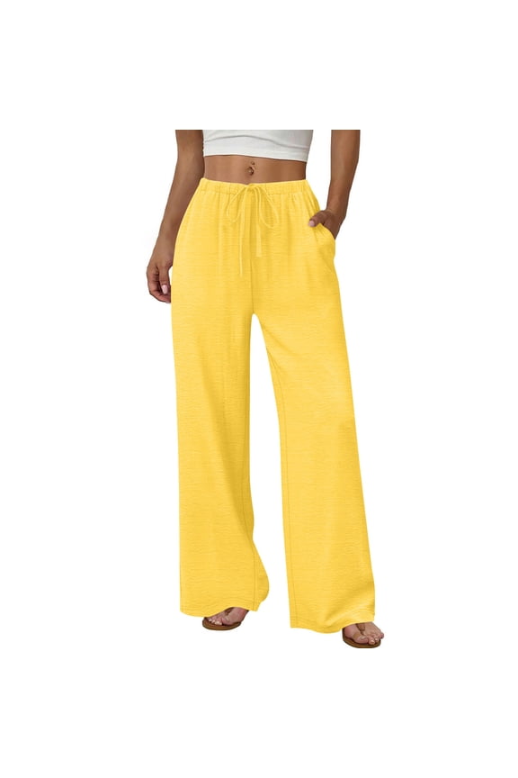 Women's Elastic Drawstring Wide Leg Pants with Pockets for Summer Beach Daily Outfits