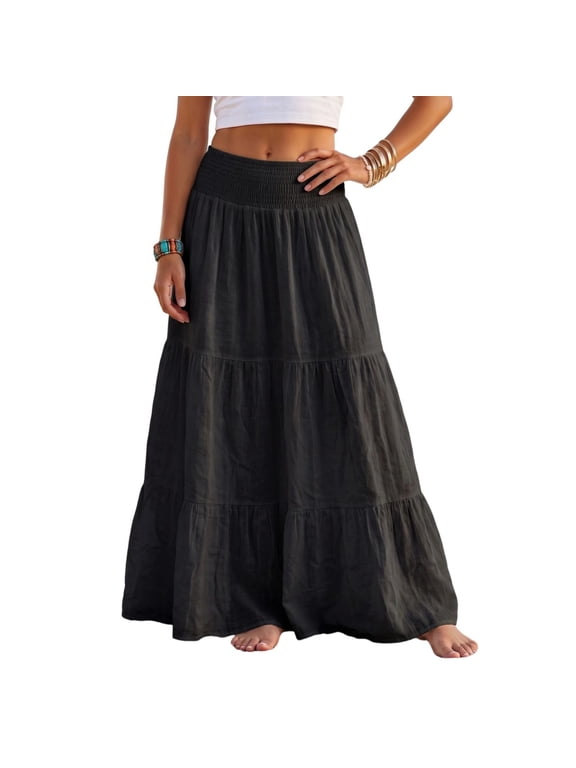 Women's Elastic High Waist Maxi Skirt, Triple-Tier Ruffle Woven Fabric, Loose Hip Swing Cut for Resort Trips Black M