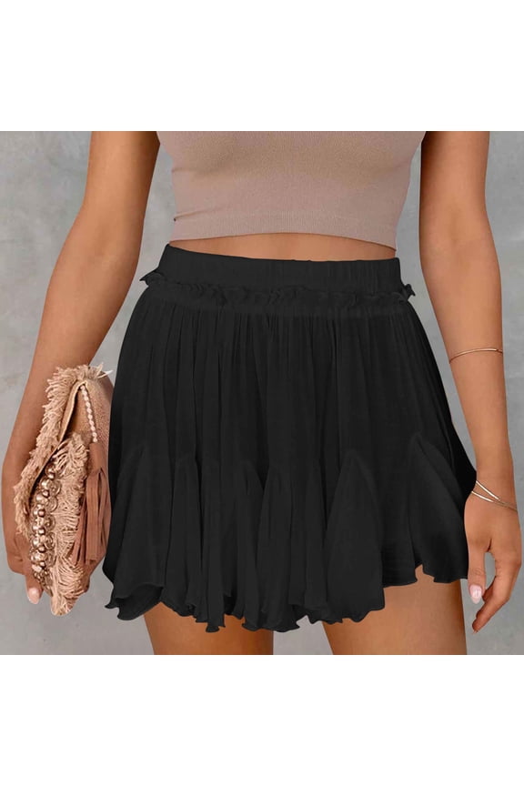 Women’s Elastic High Waist Skort, Ruffle Trim Irregular Pleat Textured Woven, Built In Safety Liner for Urban Shopping Black S