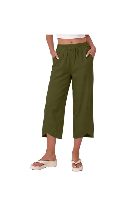 Women's Elastic Waist Asymmetrical Split Loose Capri Pants, Breathable with Pockets for Daily Commute Casual Wear Green L