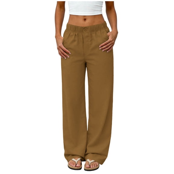 PWPSG Women's Elastic Waist Button Decor Draped Wide Leg Pants, Breathable Comfort Trousers for Daily Commute & Office Casual Outfits Brown S