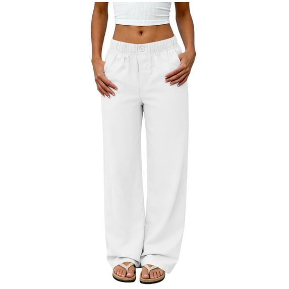 PWPSG Women's Elastic Waist Button Decor Draped Wide Leg Pants, Breathable Comfort Trousers for Daily Commute & Office Casual Outfits White M