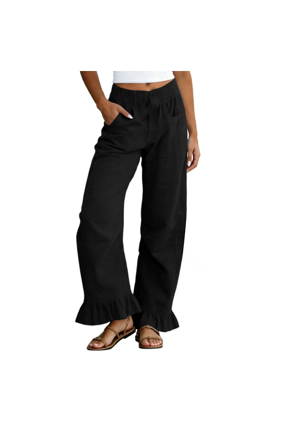 Women's Elastic Waist Button Decor Ruffled Hem Wide Leg Pants, Breathable Comfort Straight Leg Trousers for Daily Casual & Outings Black S