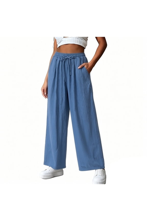 Women's Elastic Waist Drawstring Crinkle Wide Leg Pants, Breathable Comfort Straight Leg Trousers for Daily Casual & Vacation Wear Blue XL