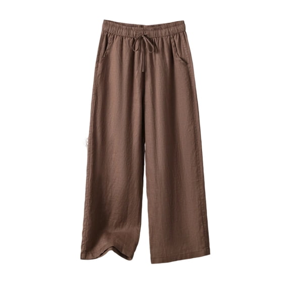 PWPSG Women's Elastic Waist Drawstring Linen-Look Textured Wide Leg Pants, Breathable Comfort Trousers for Casual Outings & Vacation Wear Brown M