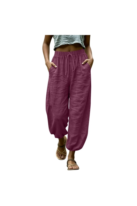 Women's Elastic Waist Drawstring Textured Balloon Pants, Breathable Comfort Straight Leg Trousers for Daily Wear & Fashion Looks Pink XXL