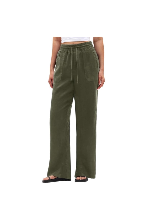 Women's Elastic Waist Drawstring Textured Linen-Look Straight Leg Pants, Breathable Comfort Trousers for Daily Commute & Summer Green S
