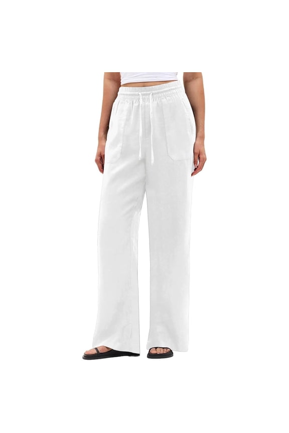 Women's Elastic Waist Drawstring Textured Linen-Look Straight Leg Pants, Breathable Comfort Trousers for Daily Commute & Summer White XXL