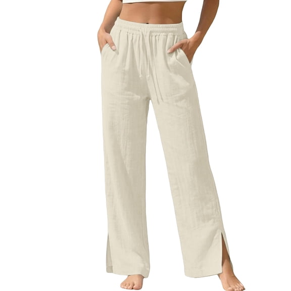 PWPSG Women's Elastic Waist Drawstring Textured Straight Leg Slit Pants, Breathable Comfort Trousers for Daily Commute & Modern Style Beige L