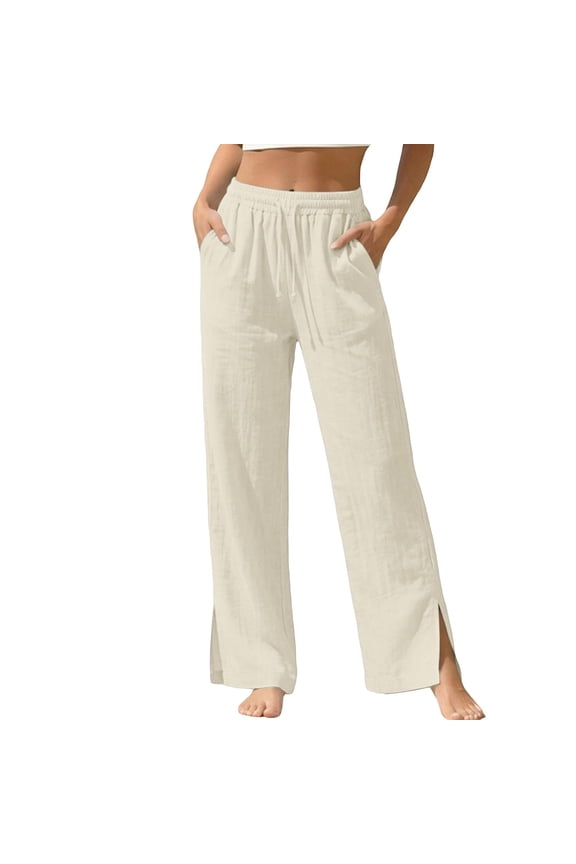 Women's Elastic Waist Drawstring Textured Straight Leg Slit Pants, Breathable Comfort Trousers for Daily Commute & Modern Style Beige XXL