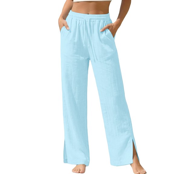 PWPSG Women's Elastic Waist Drawstring Textured Straight Leg Slit Pants, Breathable Comfort Trousers for Daily Commute & Modern Style Blue S