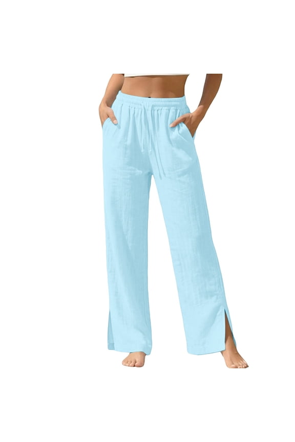 Women's Elastic Waist Drawstring Textured Straight Leg Slit Pants, Breathable Comfort Trousers for Daily Commute & Modern Style Blue S
