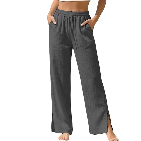 PWPSG Women's Elastic Waist Drawstring Textured Straight Leg Slit Pants, Breathable Comfort Trousers for Daily Commute & Modern Style Gray XL