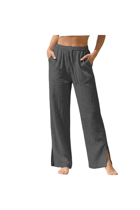 Women's Elastic Waist Drawstring Textured Straight Leg Slit Pants, Breathable Comfort Trousers for Daily Commute & Modern Style Gray XL