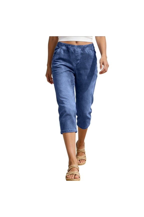 Women's Elastic Waist High Rise Loose Denim Capri Pants, Breathable with Pockets for Daily Commute Workout Wear Blue XXL