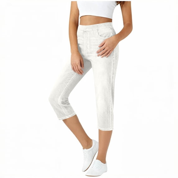 PWPSG Women's Elastic Waist High Rise Loose Denim Capri Pants, Soft Breathable with Pockets for Daily Casual and Office Commute White L