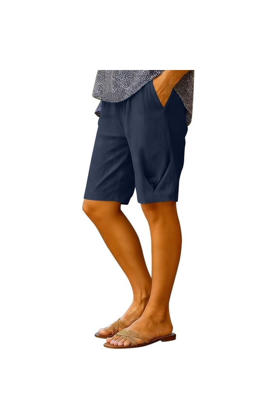 Women's Elastic Waist Loose Casual Linen Capri Pants, Breathable with Pockets, Multi Colors for Daily Commute Wear Blue XL